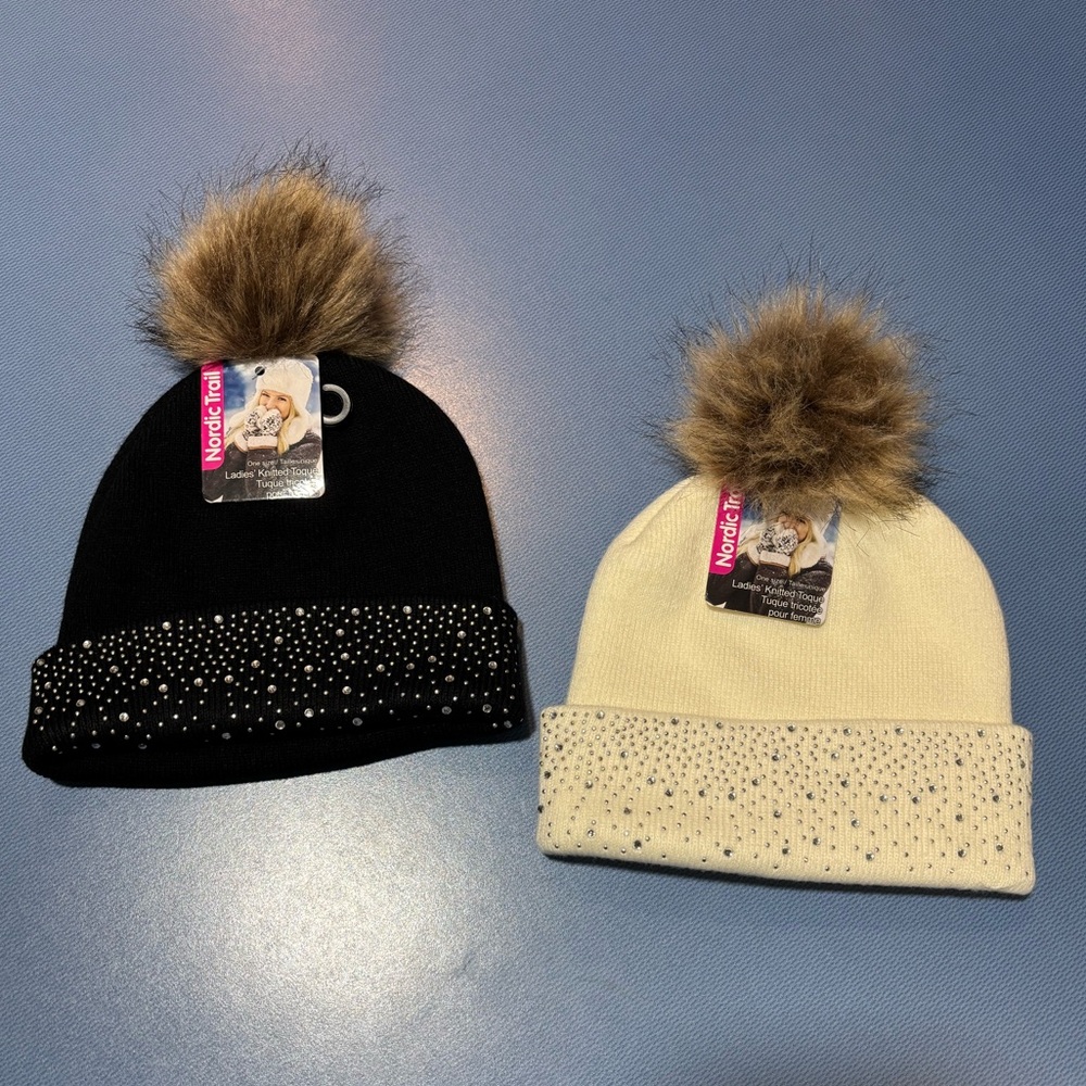 Black and Cream Beanies with Faux Fur Pom-Poms